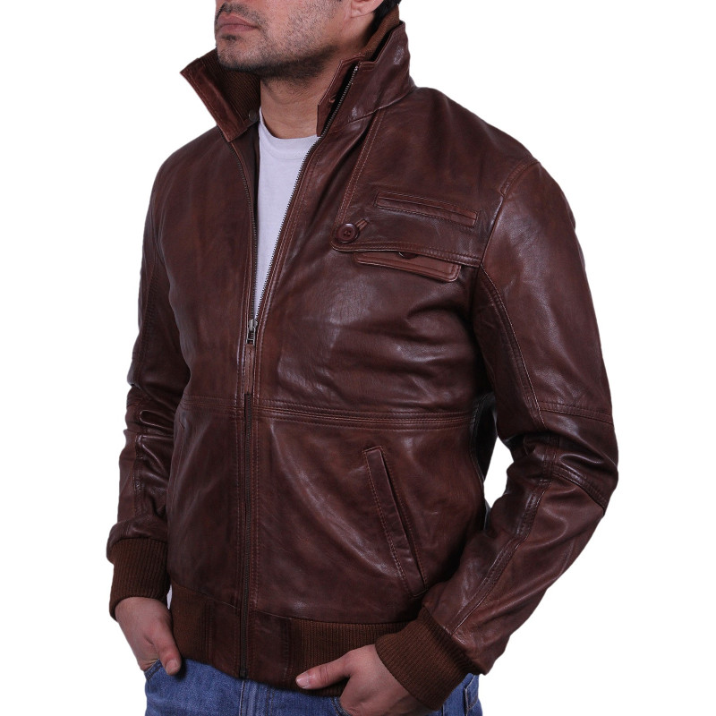 Men&#39;s Brown Leather Bomber Jacket - Falcon