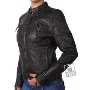 Women Black Leather Biker Jacket 