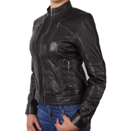 Women Black Leather Biker Jacket - Sophie