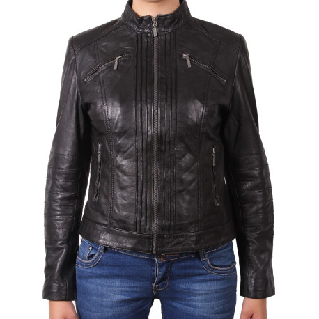 Women Black Nappa Leather Biker Jacket Vintage - Brandslock