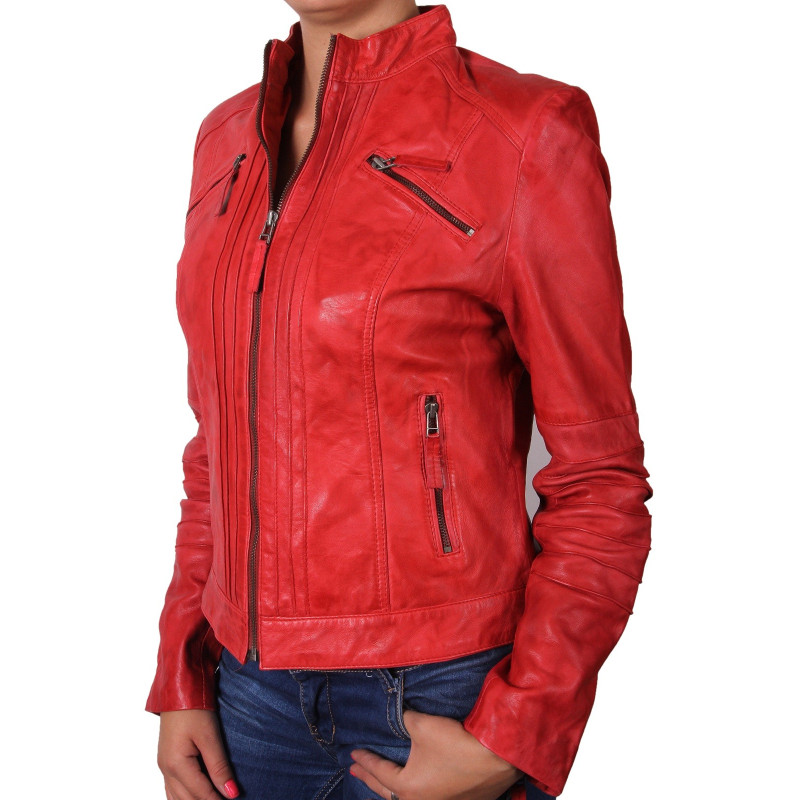 Women Red Leather Biker Jacket - Sophie