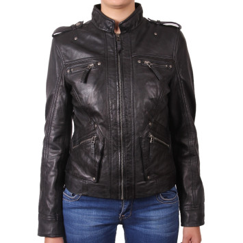 Ladies Black Leather Biker Jacket - Malibu