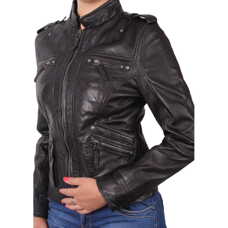 Women Black Nappa Leather Biker Rock Jacket Vintage - Brandslock