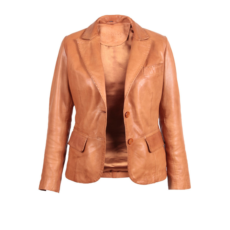Women Tan Leather Blazer Jacket - Emely - Brandslock