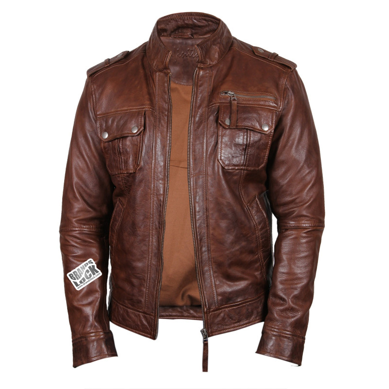 Men's Brown Leather Biker Jacket - Toredo