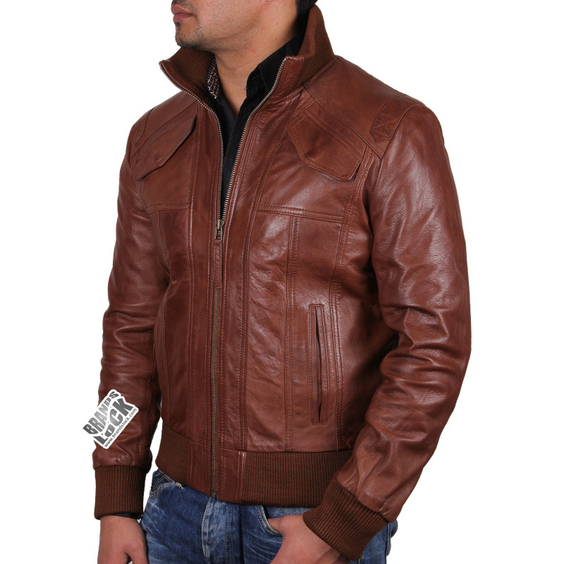 Men's Brown Leather Bomber Jacket - Elliott