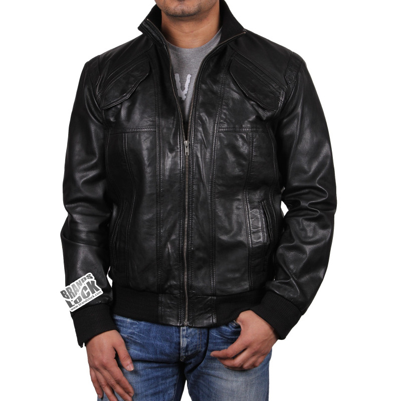 Men's Black Leather Bomber Jacket - Elliott