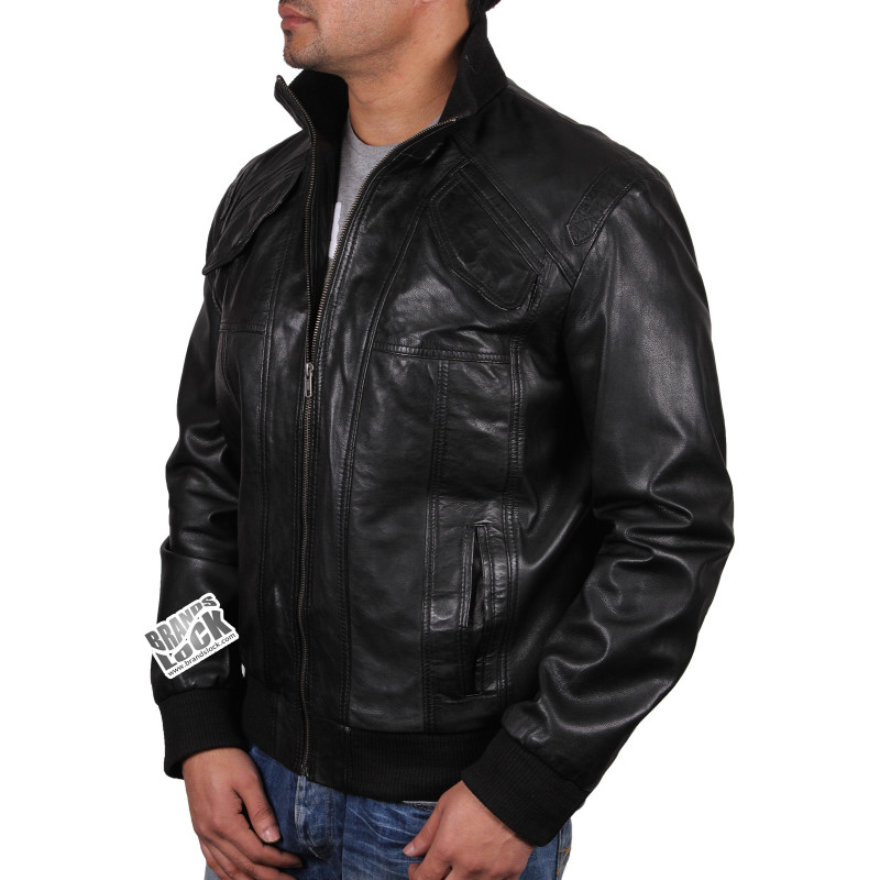 Men's Black Leather Bomber Jacket - Elliott