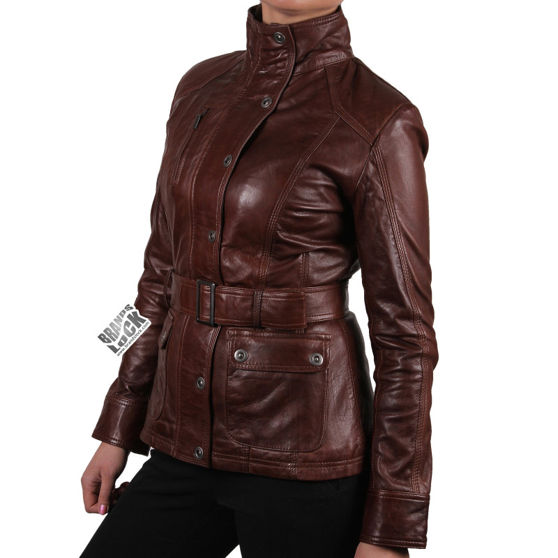 Women Brown Leather Biker Jacket - Silic
