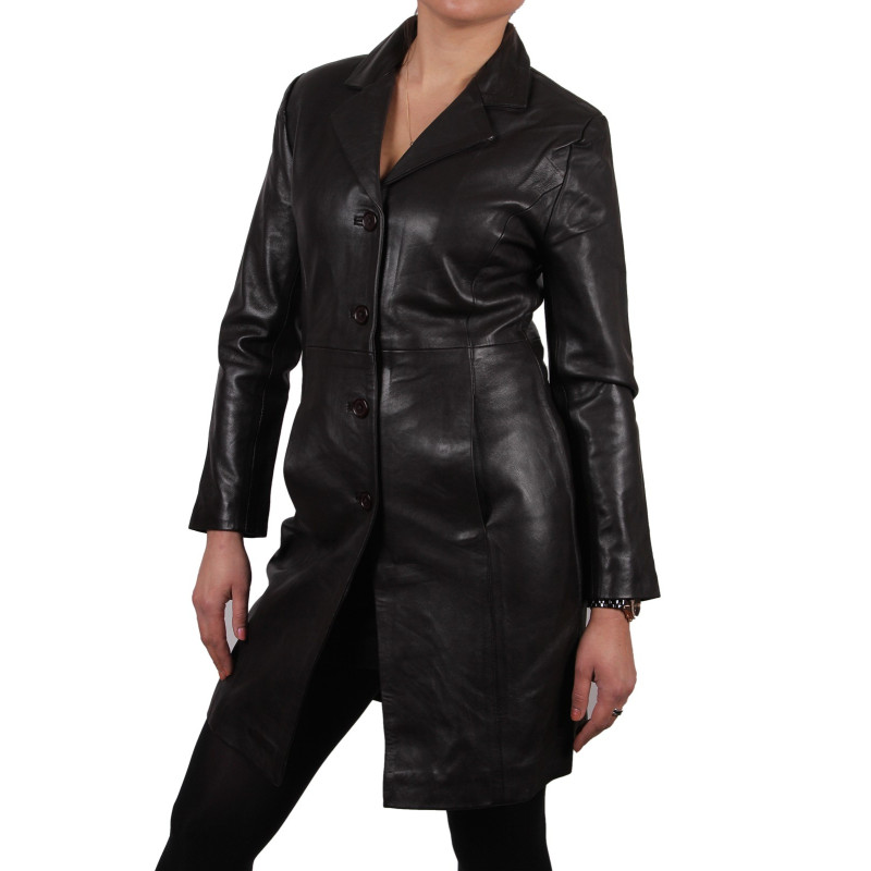 Women Black Leather Long Jacket - Sonora - Brandslock