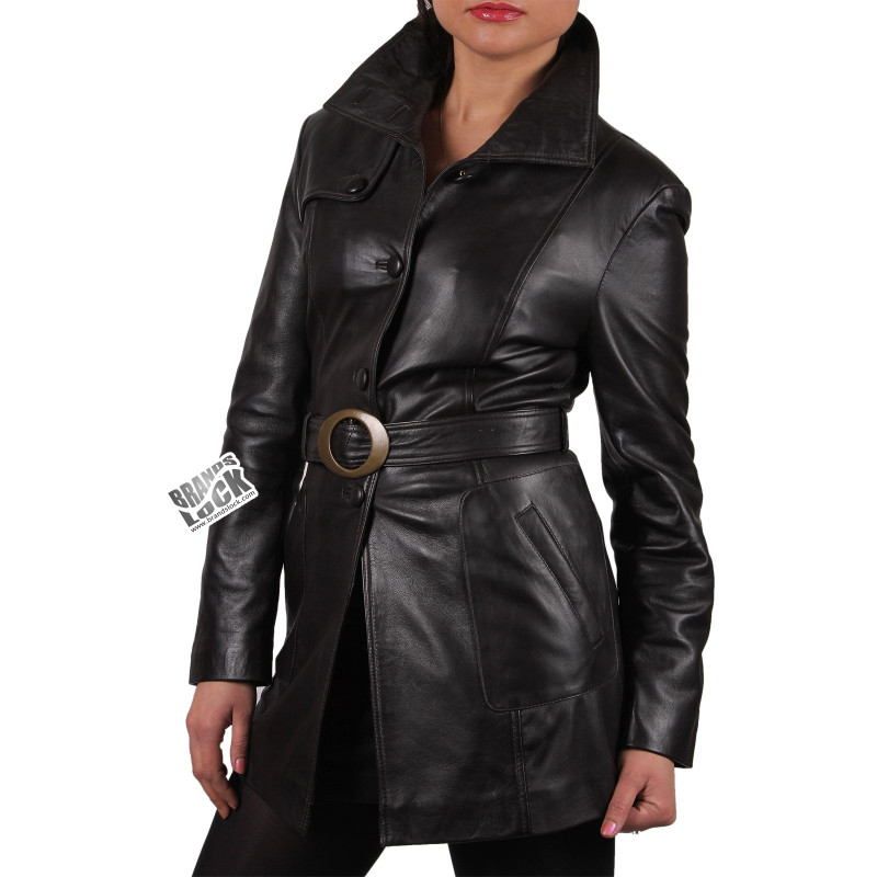 Women Black Leather Long Jacket - Savannah