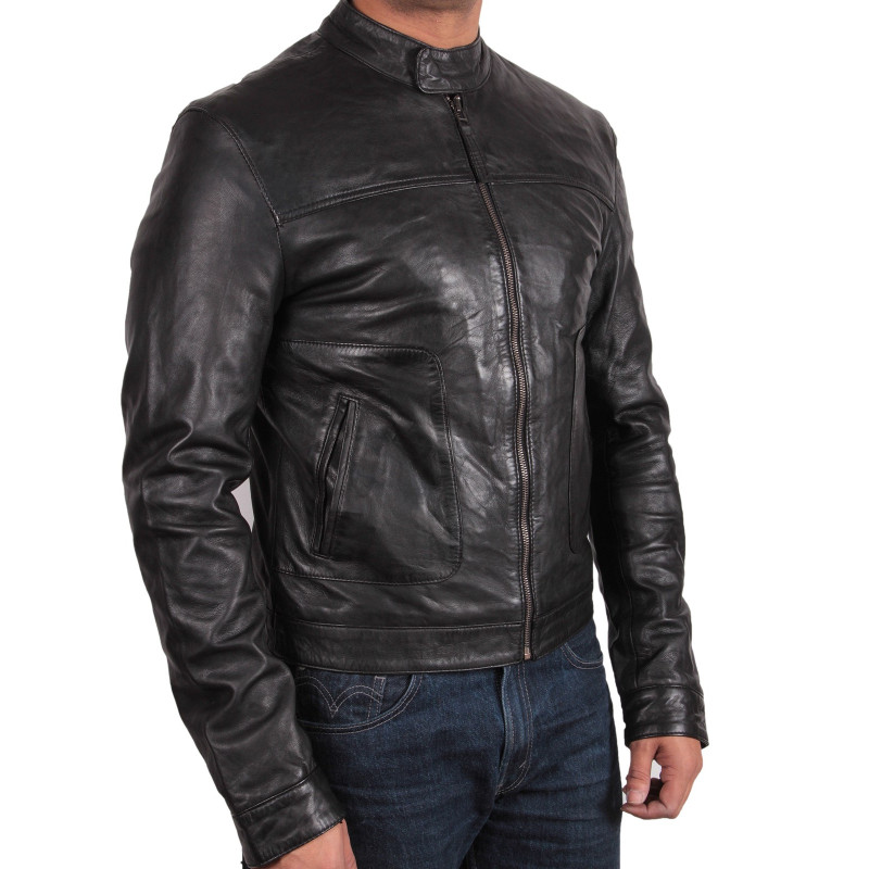 Men's Black Leather Biker Jacket - Hazard