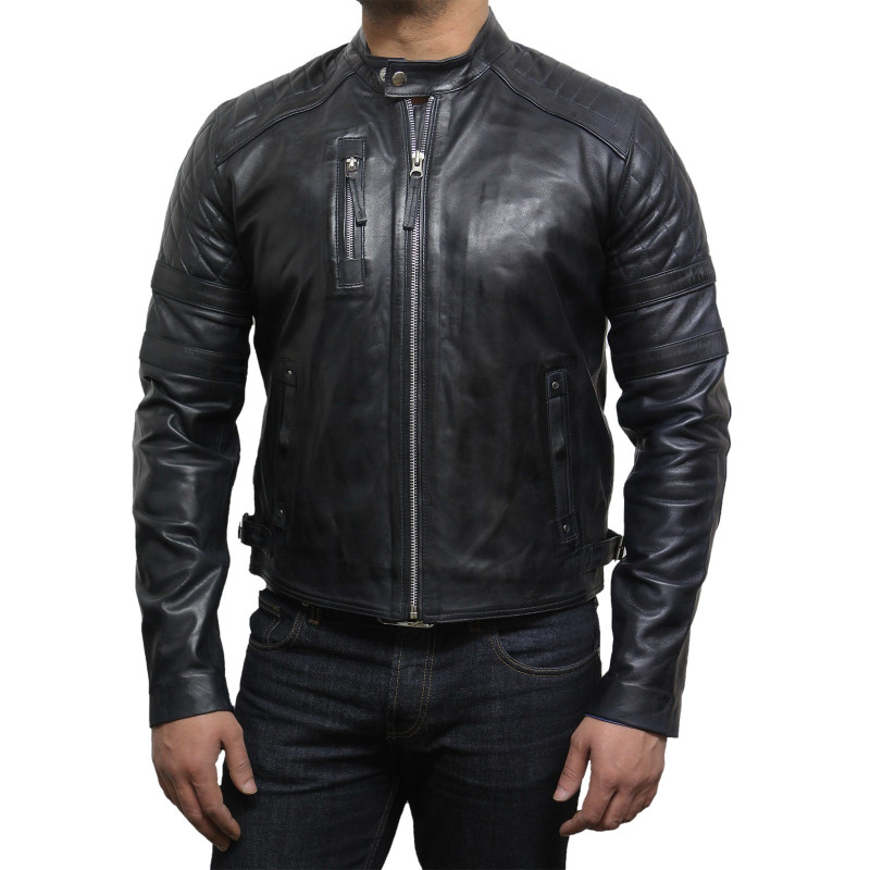 Men's Leather Biker Jacket Navy - Cary - Brandslock