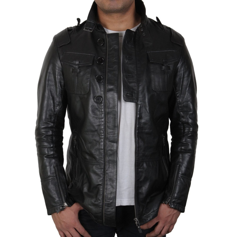 Men's Black Rock Star Leather Jacket Slim Fit-Evan - Brandslock