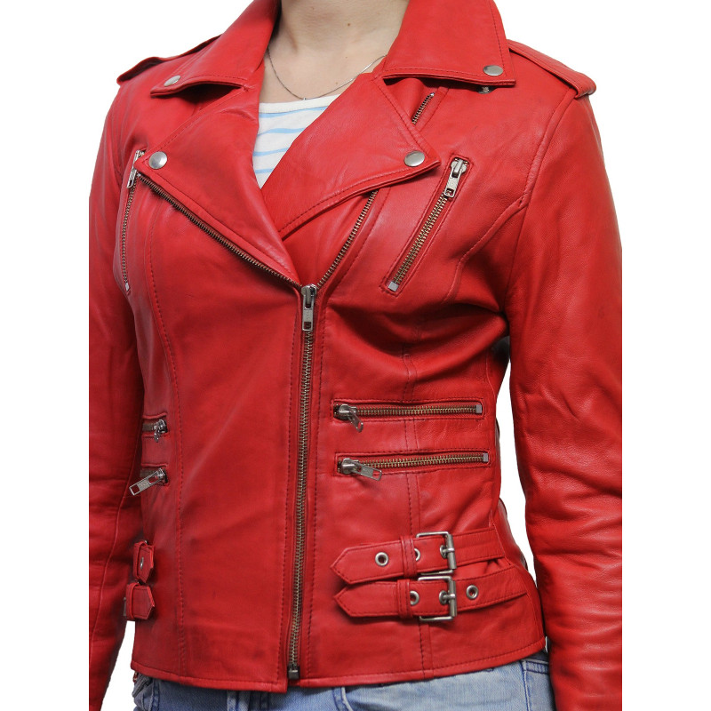 Women Red Leather Biker Jacket - Moss