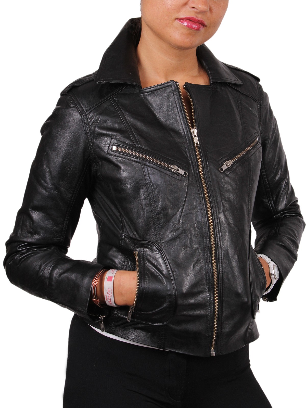 Women Croc Black Leather Biker Jacket - Ciara - Brandslock