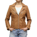 Women Tan Leather Biker Jacket - Kristy