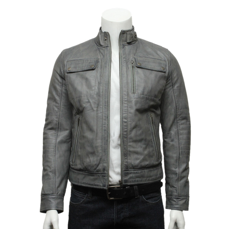 Mens Grey Classic Leather Biker Bomber Jacket-Pedro