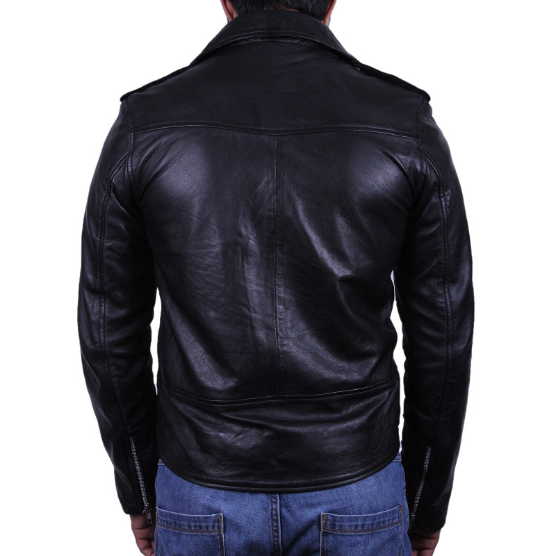 Mens Stylish Zipped Pocket Leather Biker Jacket Black- Maxim