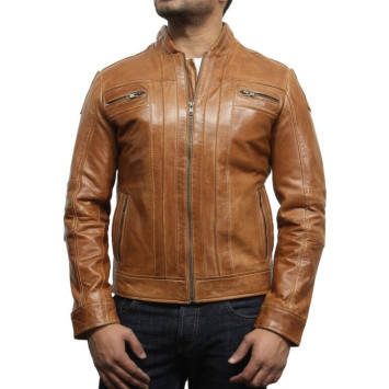 Men's Tan  Leather Biker Jacket Iconic Style- Bryan