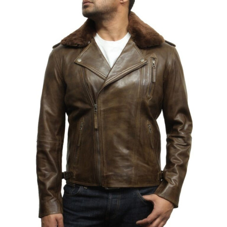 Men's Brown Leather Biker Jacket With Detachable Merino Fur Collar-Zane ...