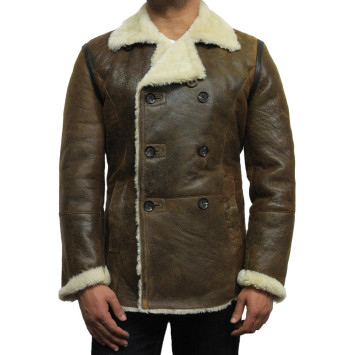 Mens Shearling Sheepskin Leather Double Breasted Pea Coat