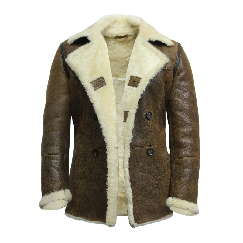 Mens Shearling Sheepskin Leather Double Breasted Pea Coat