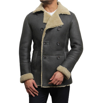 Men's khaki double breasted aviator real shearling sheepskin Leather jacket