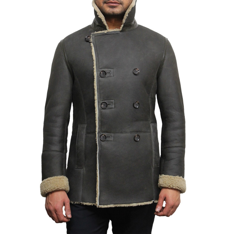 Men's khaki double breasted aviator real shearling sheepskin Leather jacket