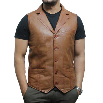 Men's Vintage Tan Smart Leather Waistcoat Designer Fit-Ansel