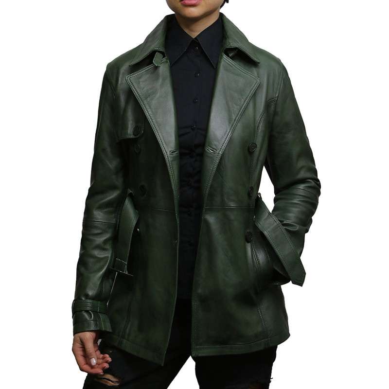 Leather Jacket Womens  Real Classic Trench Leather Coat For Women