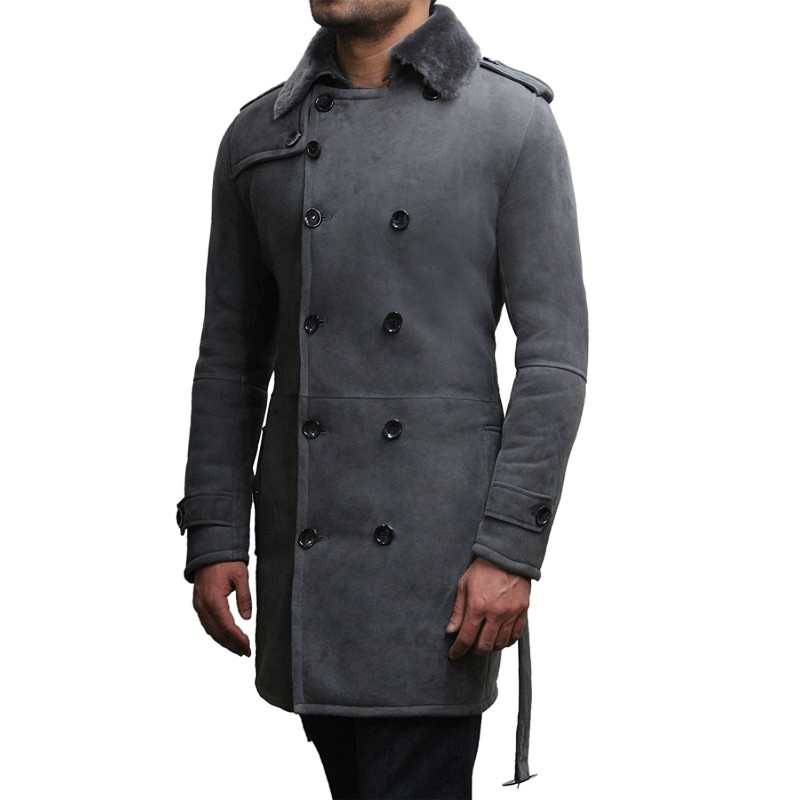 Men's Luxury Spanish Merino Fur Sheepskin Belted Pea Coat German Grey ...