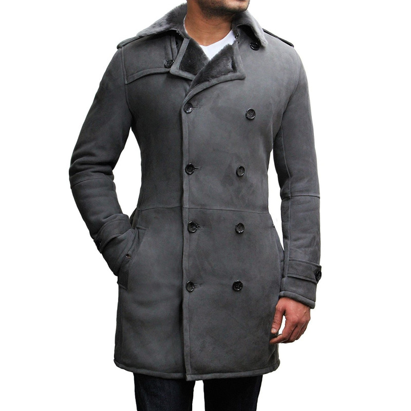 Men's Luxury Spanish Merino Fur Sheepskin Belted Pea Coat German Grey ...