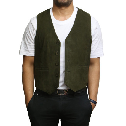 Mens Leather Waistcoat From Smooth Exclusive Goat Suede Classic Smart Green Leather Waistcoat