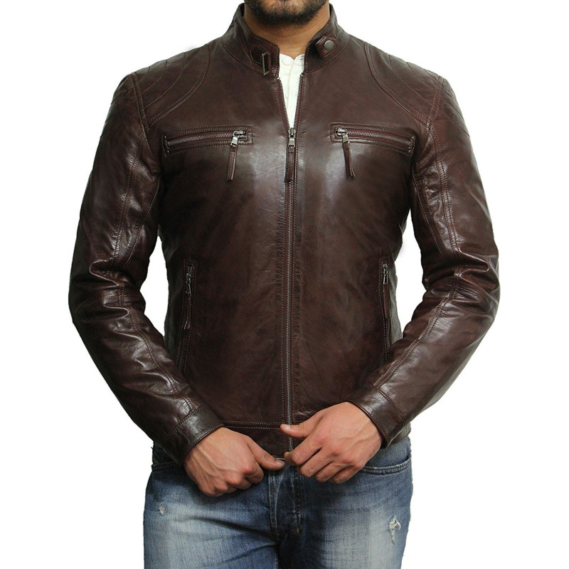 Brandslock Mens Lambskin Genuine Leather Biker Jacket