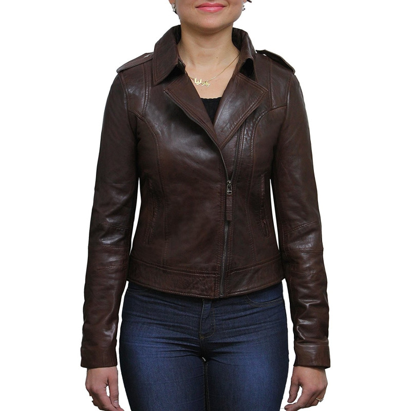Women Brown Leather Biker Jacket -Haven