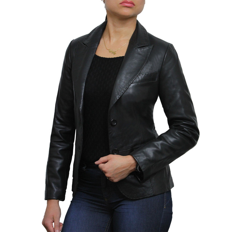 Women Black Leather Blazer Jacket - Emely