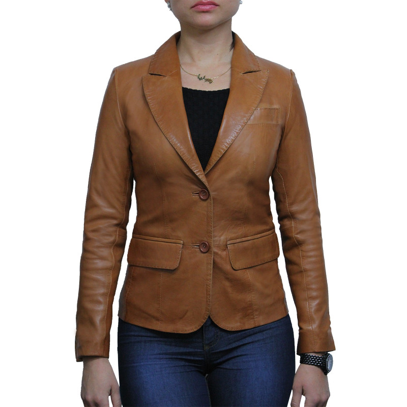 Women Tan Leather Blazer Jacket - Emely
