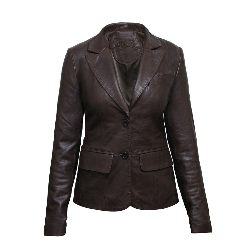Women Brown Leather Blazer Jacket Emely