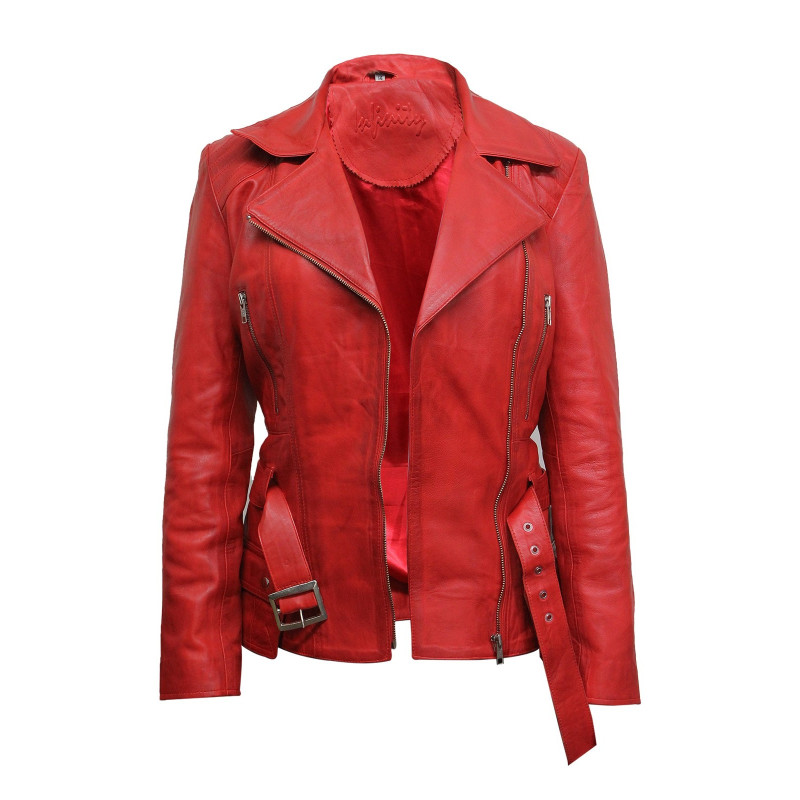 Ladies Women Stylish Red Leather Biker Jacket - Kate