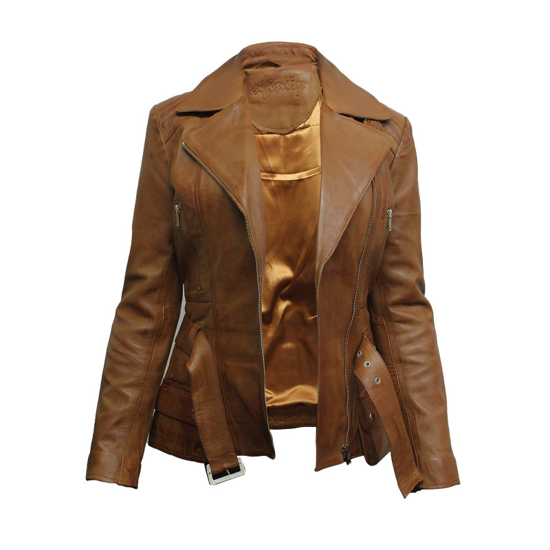 Ladies Women Stylish Tan Leather Biker Jacket-Kate
