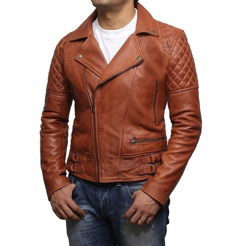 Mens Cross Zip Brando Retro Tan Real Leather Biker Jacket