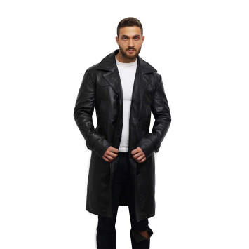 Men's Cowhide Real Leather Coat Khaki WW2 Inspired Double Breasted Style Dr Who