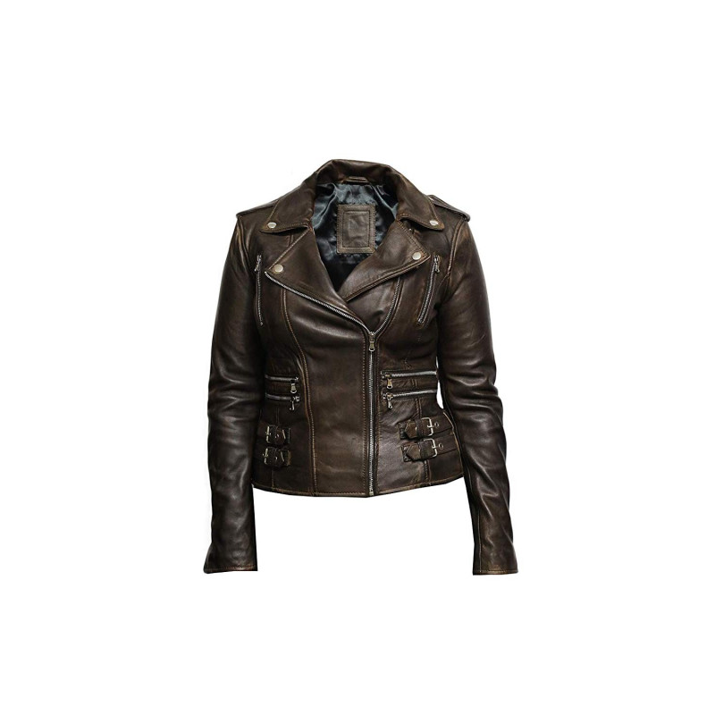 Ladies Women's BRANDO Brown Biker Style Soft Leather Rock Jacket