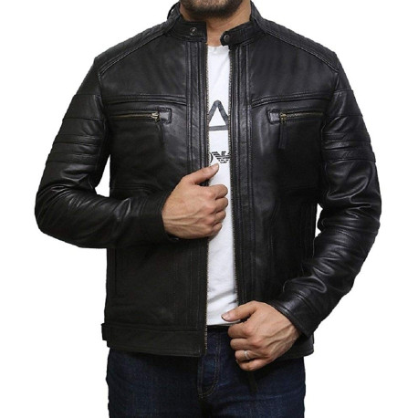 Men's Genuine Leather Biker Jacket Vintage - Plain Black