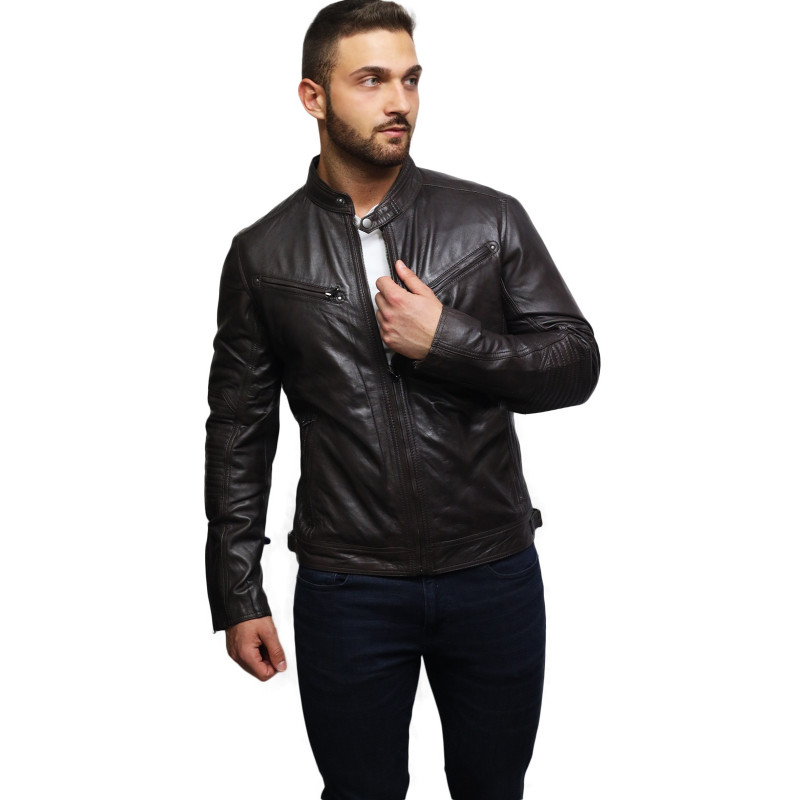 Brandslock Mens Genuine Leather Biker Jacket Distressed - Brown