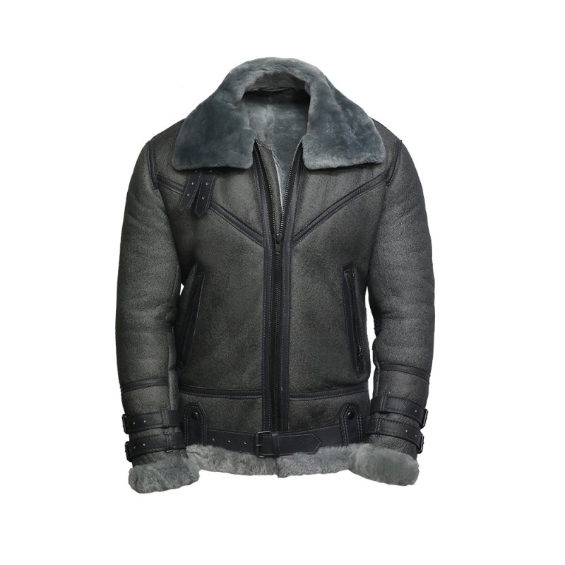 Men Genuine Shearling Sheepskin Spanish Merino Leather Jacket Vintage