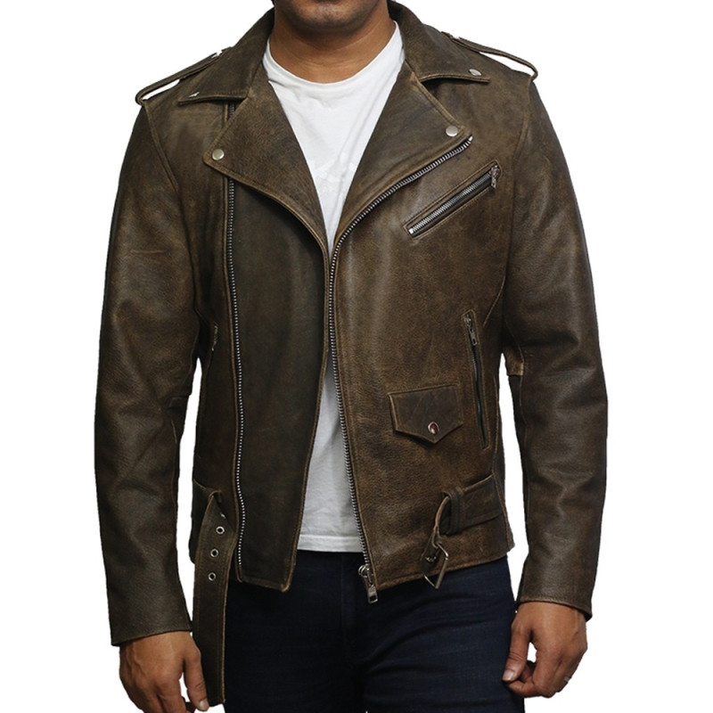 Men Motorcycle Genuine Cowhide Leather Brando Jacket Black Slim fit Biker jacket 