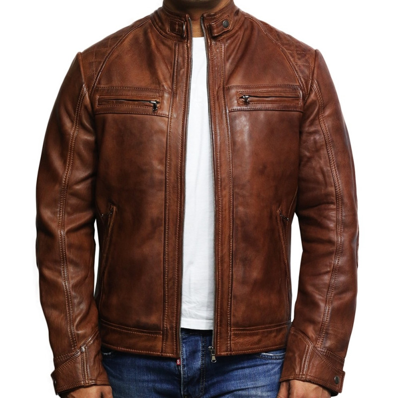 Brandslock Mens Genuine Leather Biker Jacket Waxed Brando