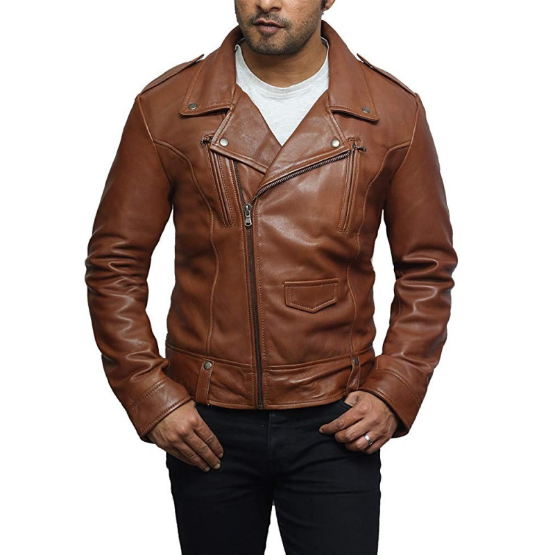 New Fashion Men's Brando Tan Real Nappa Leather Classic Biker Stylish Jacket 
